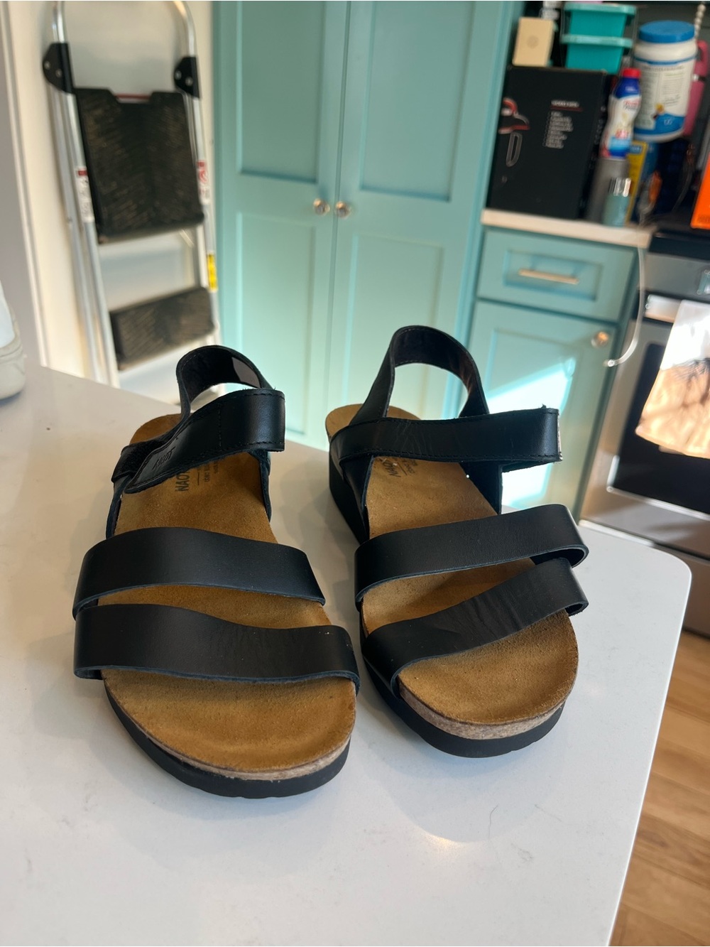 Naot Black Leather Strappy Sandals with Suede Footbed